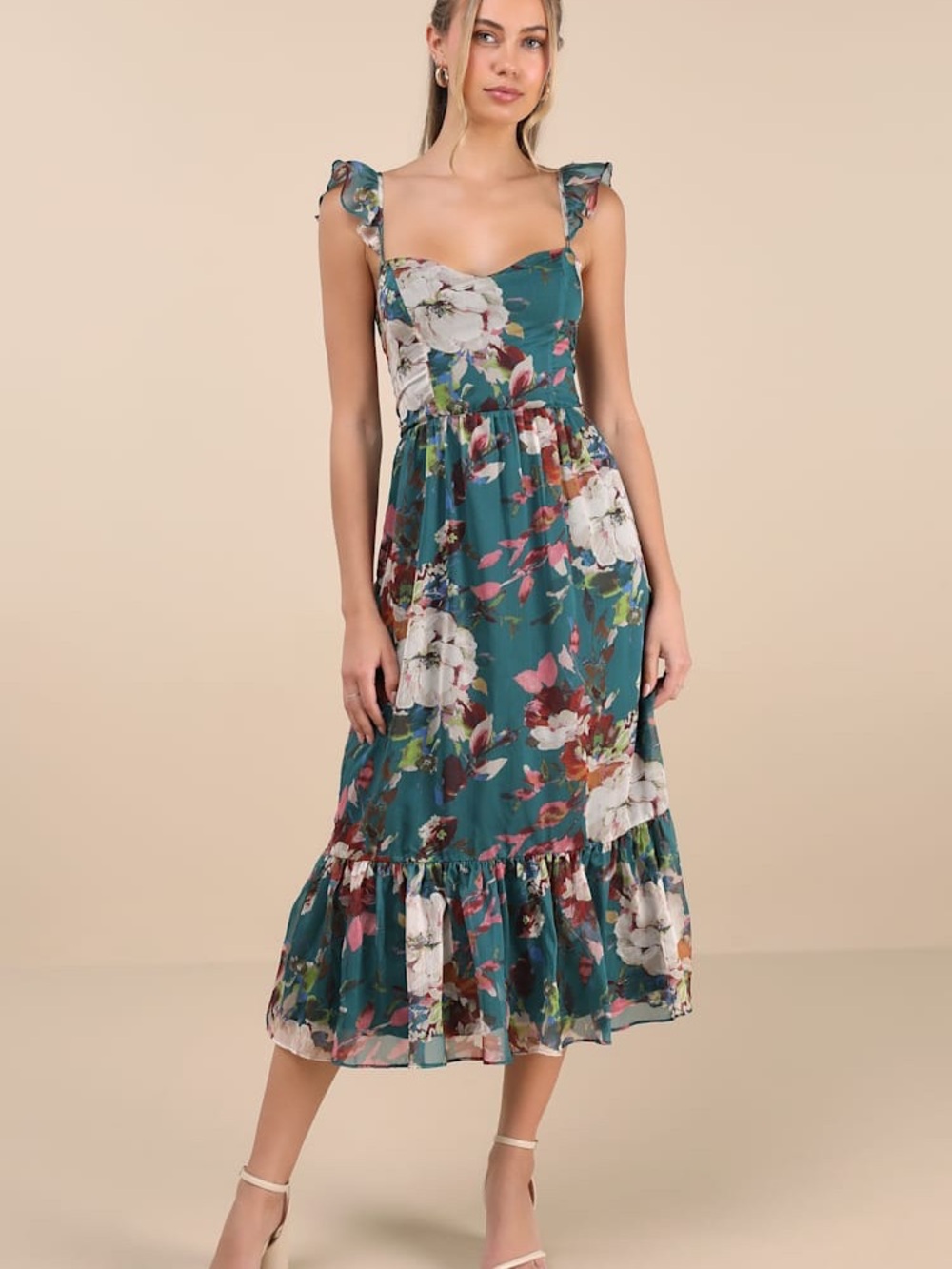 Lulu's Teal Floral Ruffle Strap Midi Dress
